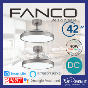 FANCO TRISTAR Retract 42 Inch DC Ceiling Fan 3 Blade with 40W 3 tone Dimmable LED Light and Remote Control or Smart Wi-Fi