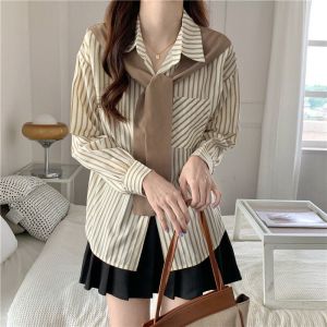 Longgar Kemeja Bergaris Korean Style Modis Kasual Selendang Lengan Panjang Terbaru Atasan Wanita Fashion Loose Polo Shirt
