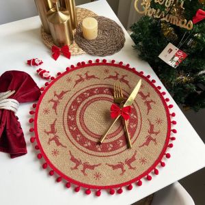YUBAGUANB Round Christmas Placemat Vintage Jute Tableware Mat Santa Snowflakes Retro Coaster Dinning Table