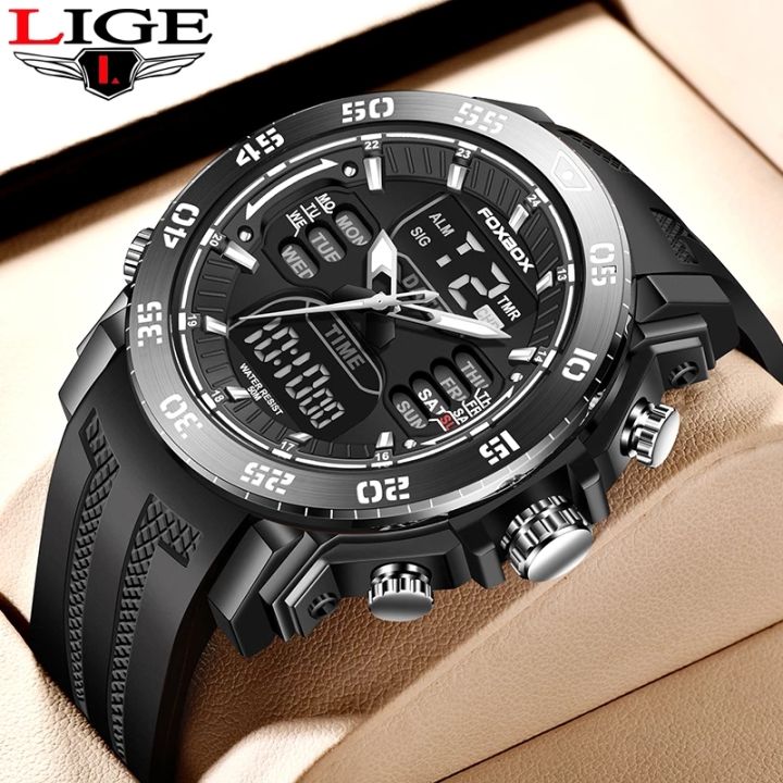 LIGE Sub Brand Foxbox Watch Men Military Army Waterproof Sport Wristwatch Dual Display Digital Quartz Watch For Men + Box