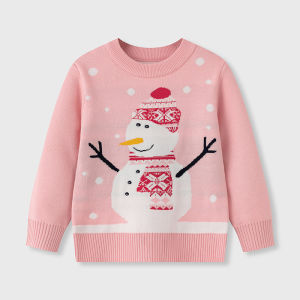 2025 New European and American Style Childrens Cartoon Christmas Snowman Sweater for Girls Cute Baby Knitted Base Sweater
