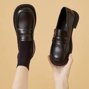 Free Shipping Spring Black Work Shoes Versatile 2026 Flat Leather Shoes WomenS New Loafers Slip-On Style