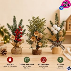 Mini Christmas Tree Tabletop Ornament With Wooden Base Holiday Home Decor Party Scene Display