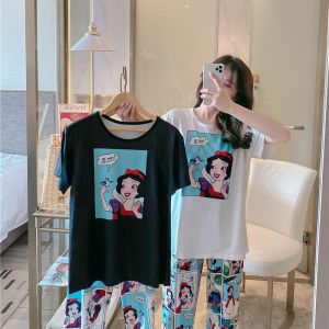 Pajama Womens Summer Thin Round Neck Short Sleeved+long Pants Snow White Mickey Cartoon Casual Home Suit Set