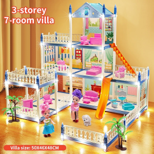 [14 Room+Light] Villa Toys Girls Pretend Play Set Big DIY Doll House Princess Villa Dream Castle Toys for Kids Girls