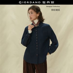 GIORDANO Women Shirts Single Pocket Loose Shirts Notched Collar Long Sleeve Fashionable Casual Shirts 18345522