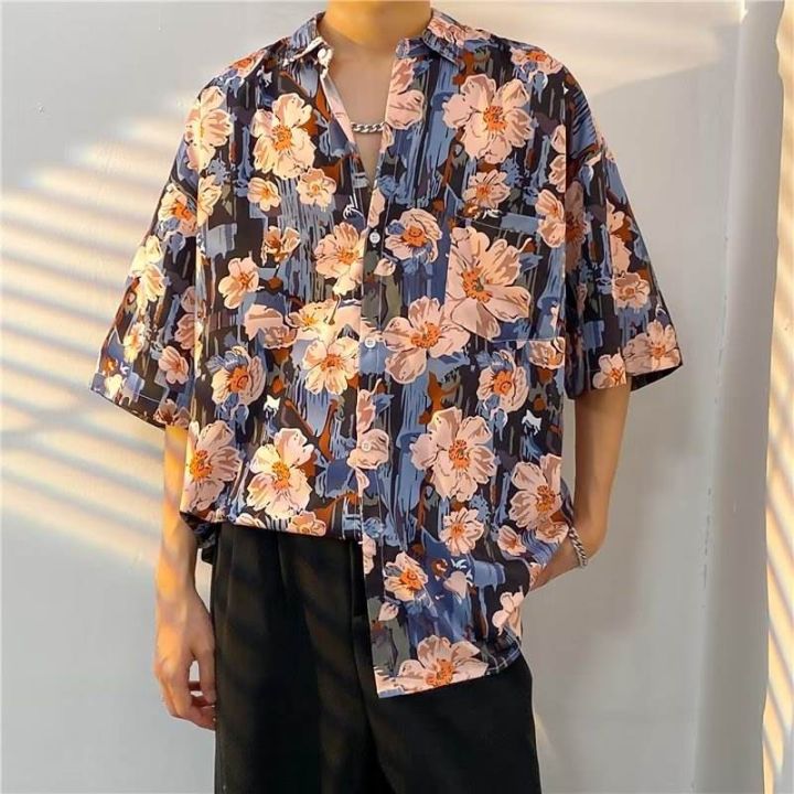 M-XXXL Summer Japanese Style Men's Fashion Short Sleeve Hawaiian Polo Shirt  Tie Dye Design Casual Floral Shirts Beach Resort Clothing Blue