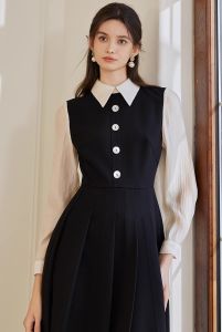 Đầm dự tiệc cổ sơ mi công sở tay dài màu đen xoè