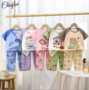 ChoiFoo เซ็ตชุดนอนเด็กนุ่มใส่สบายชุดนอนผ้าฝ้ายบริสุทธิ์ฤดูร้อนเสื้อยืดเด็กเย็นสบายและระบายอากาศได้ดีเหมาะสำหรับใส่ในบ้านชุดแขนลำลองขาสั้นแบบหลวม