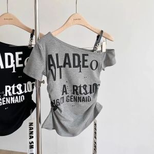Summer WomenS Street Style Casual Letter Printing Versatile Diagonal Collar Off-The-Shoulder Short-Sleeved T-Shirt