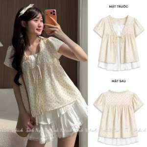 Áo kiểu nữ chất Đũi Hàn - Thiết kế hoa nhí cổ V thắt nơ tay hến hai lớp phối Ren xinh xắn