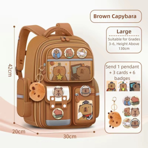 MECOME Waterproof Capybara Backpack with Card Badge Doll Large Capacity School Bag Cartoon Protecting Spine Backpack for Students