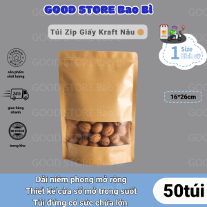 Bộ 50 Túi Dây Kéo Giấy Kraft Đáy Đứng 16*26+4Cm Có Cửa Sổ - Chống Thấm Nước Và Cực Bền