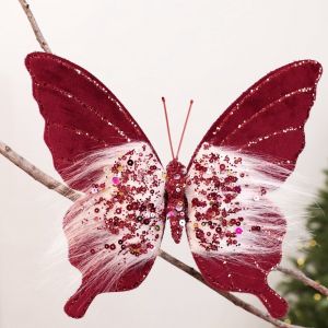 DEER Glitter Christmas Butterfly Ornaments Exquisite Clip-On Artificial Butterfly Pendant Handmade Realistic Xmas Tree Butterfly Hanging Decor Christmas Tree