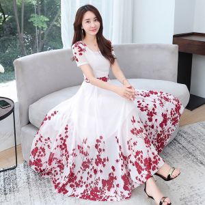 Korean White Red Blue Chiffon Hawaiian Plus Size 4XL Long Maxi Casual Dress㏇X0413