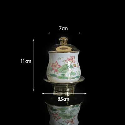 Bộ Thờ Cúng 2040 Hoa văn sen đỏ viên vàng bằng sứ cao câp - phật giáo tuệ quang