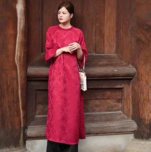 QC_ Set áo dài nữ thanh lịch mặc Tết áo dài xinh set áo dài cách tân thiết kế chất Gấm hoa nổi cổ kết tay lửng dáng suông phối quần Lụa Satin