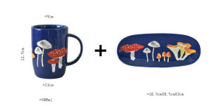 2024500ml 16oz Blue Ceramic Coffee Mug with Lovely Mushroom Printings With Saucer Tray Old Fashioned Dark Blue Tall Coffee Mug Set