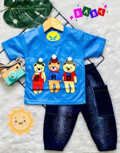 Setelan baju bayi anak laki motif karakter BEAR TOPI FREE KANTONG DI CELANA PANJANG/usia 3bln-18 bln.