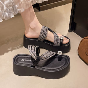 Free Shipping Thick-Soled Rhinestone Sandals For Women Summer Outdoor Wear 2026 New Style Height-Increasing Platform Flip-Flops Fashionable And Versatile