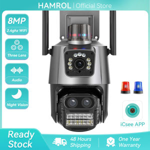 Hamrol 4k 8MP ba thấu kính màn hình kép Camera wifi ngoài trời không thấm nước bằng giọng nói 8X Zoom IP Camera màu nhìn trong đêm tự động theo dõi CCTV video giám sát PTZ camera an ninh
