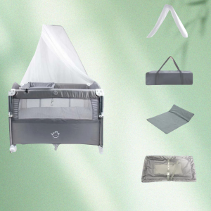 1-Second Setup 5-in-1 Crib for Baby Heavy-Duty Steel Frame for Safe Sleep Space Portable Crib with Zip Door & Changing Table Locking Wheels Breathable Mesh