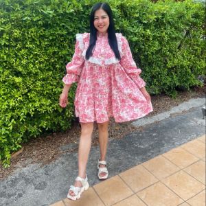 P007-054 PIMNADACLOSET - Crew Ruffle Neck Long Sleeve Button Down Cotton Blend Print Loose Shirt Dress