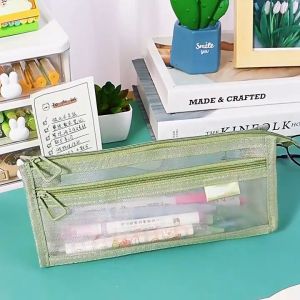 Sadoline~Transparent Mesh Pencil Case Double Layer 3D Large Capacity Stationery Bag Zipper Closure