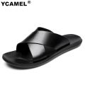 YCAMEL Genuine Leather Slippers Mens Sandals Summer Shoes Slippers Man Fashion Simple Black/Brown Sliper For Men Shoes Chinelo Slide. 
