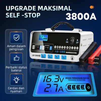 【Garansi 5 tahun】SOARFLY Charger Aki Mobil /Car Battery Charger 3800A 12v 24v Pengisi Daya Aki Mobil Charger Aki Otomatis Lead Acid Battery Charger Auto Cut Off Portable Automatic Smart Intelligent Chip Otomatis Accu Kering Dan Basah Lead Acid