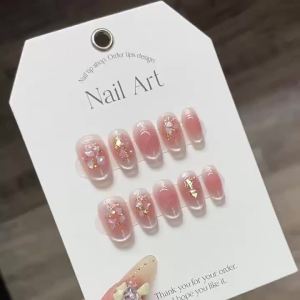 [HANDMADE]Artificial Nail Dream Ice Skin Jade Cat Eye Shell Gold Foil Pearl Blush Phototpy Nails Reusable and Removable Nails