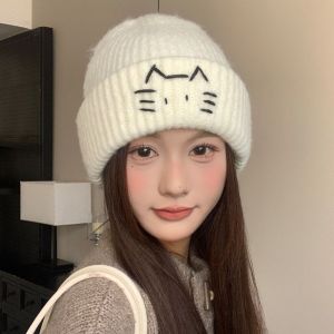 SKINJOY Warm Cute Cat Knitted Hat Embroidered Kitten Wool Printing Knit Cap Casual Korean Knit Beanies Apparel Accessories
