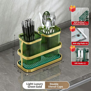 Multifunctional Kitchen Knife Cutlery Holder Detachable Drain Tray Stainless Steel Utensil Rack Wall Mount Chopstick Spoon Fork Storage Organizer for Kitchen Countertop Organizer