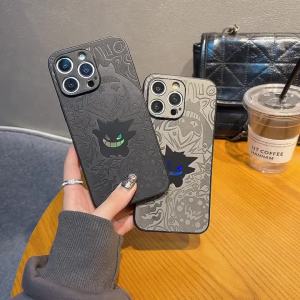 Japan Anime Ghost Gengar dermatoglyph Phone Case For iPhone 15 14 13 12 11 16 17 Pro Max Emboss Leather Cartoon Cover