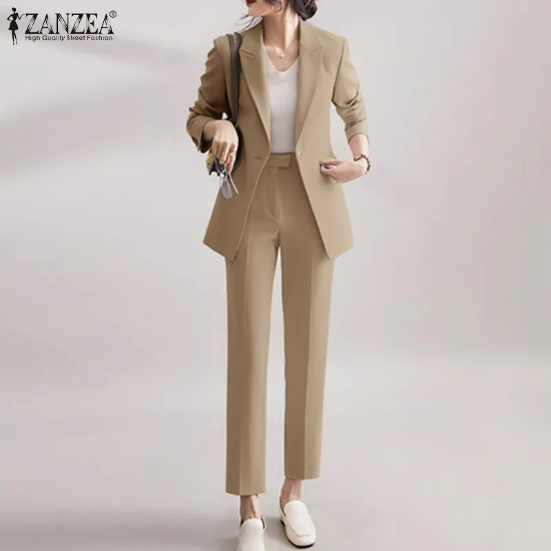 Esolo ZANZEA Korean Style Women 2 Piece Office Blazer Set Long Sleeve  Trousers Casual Pants Sets Solid Suits KRS #11