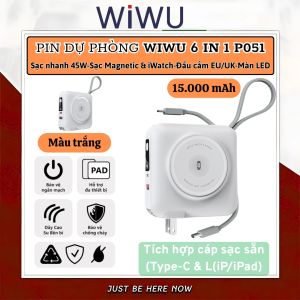 Pin sạc dự phòng kiêm củ sạc nhanh 45W kèm dây sạc Type-C / L (iP/iPad) và Sạc Không Dây từ tính Magnetic Pin 15000mAh Jack cắm EU/UK hiệu WIWU 6 in 1 All-Round- Hỗ trợ sạc cho iPhone / iPad / Macbook / Laptop đạt chuẩn hàng không