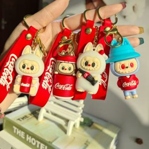 ASRV Creative Cola Labubu Doll Cartoon Key Button Car Key Chain Couple Bags Hanging Ornaments