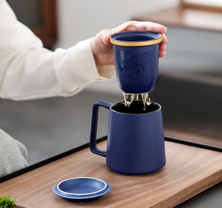 Ceramic Tea Mug with Infuser and Lid Matte Black Vintage Tea Cup