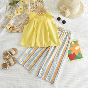 Gấu Lãnh Đạo phiên bản Hàn Quốc Bộ quần áo Mới Mùa Hè Nâu áo vest sát nách Hàng Đầu Và Sọc Quần 2 Mảnh Cô Gái Phù Hợp Với 3 Để 7 Năm Trẻ Em Của Quần Áo Trang Phục Giản Dị