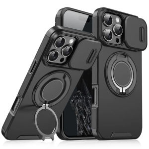 360 Degrees Ring BracketFor  Case For IPhone 16 15 14 Plus 13 12 11 Pro Max Slide Camera Cover Hard Wireless Charge Case