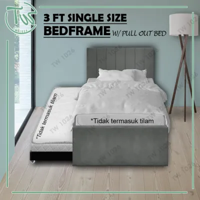 TW (KL & Selangor) Ready Assembly 3 FT Single Bed Frame with Pull Out Bed - Fabric Velvet Grey