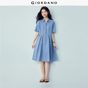Giordano Beau Monde Women 100% cotton open collar pleated denim dress Free Shipping 13466301