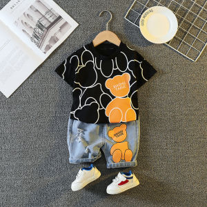 Fashion denim bear childrens summer loose cotton a-class baby T-shirt suit
