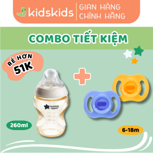 COMBO Bình sữa PPSU ty siêu mềm tự nhiên Tommee Tippee Closer to Nature 260ml & Ty ngậm silicon siêu nhẹ cho bé Tommee Tippee Ultra Light 6-18 tháng (vỉ đôi) - Xanh dương/Trắng