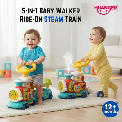 Ready Stock SG 5-in-1 Baby Walker Ride-On Train Toy Musical Learning Push Walker with Steam 12 Months +