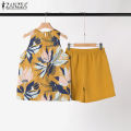 ZANZEA Women's 2pcs Suits Casual Summer Sleeveless Round Neck Floral Tanks Wide Leg Loose Short Outifits Sets. 
