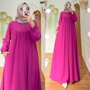 Gamis Lebaran 2025 Dress Wanita Dewasa Jemina Bahan Crinkel Busui Kancing Depan Saku Tali Samping