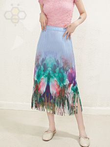 ✺✧ Aiden001 BQ015C-2 Average Size (45-75Kg) High Waist Summer Elastic Waist Slim Straight Skirt Miyake Print Pleated Tassel Skirt