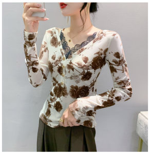 Ammin 2024 Áo thun cotton tay áo dài in hoa thời trang cổ chữ V thêu khâu Ren Mùa Xuân/Mùa Hè Áo Blouse thanh lịch ngoại cỡ cổ điển phiên bản Hàn Quốc cho nữ