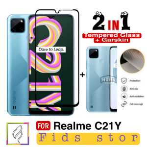PROMO 2in1 Tempered Glass REALME C21Y | REALME C21 TG Layar FULL COVER Black Premium Free GarSkin